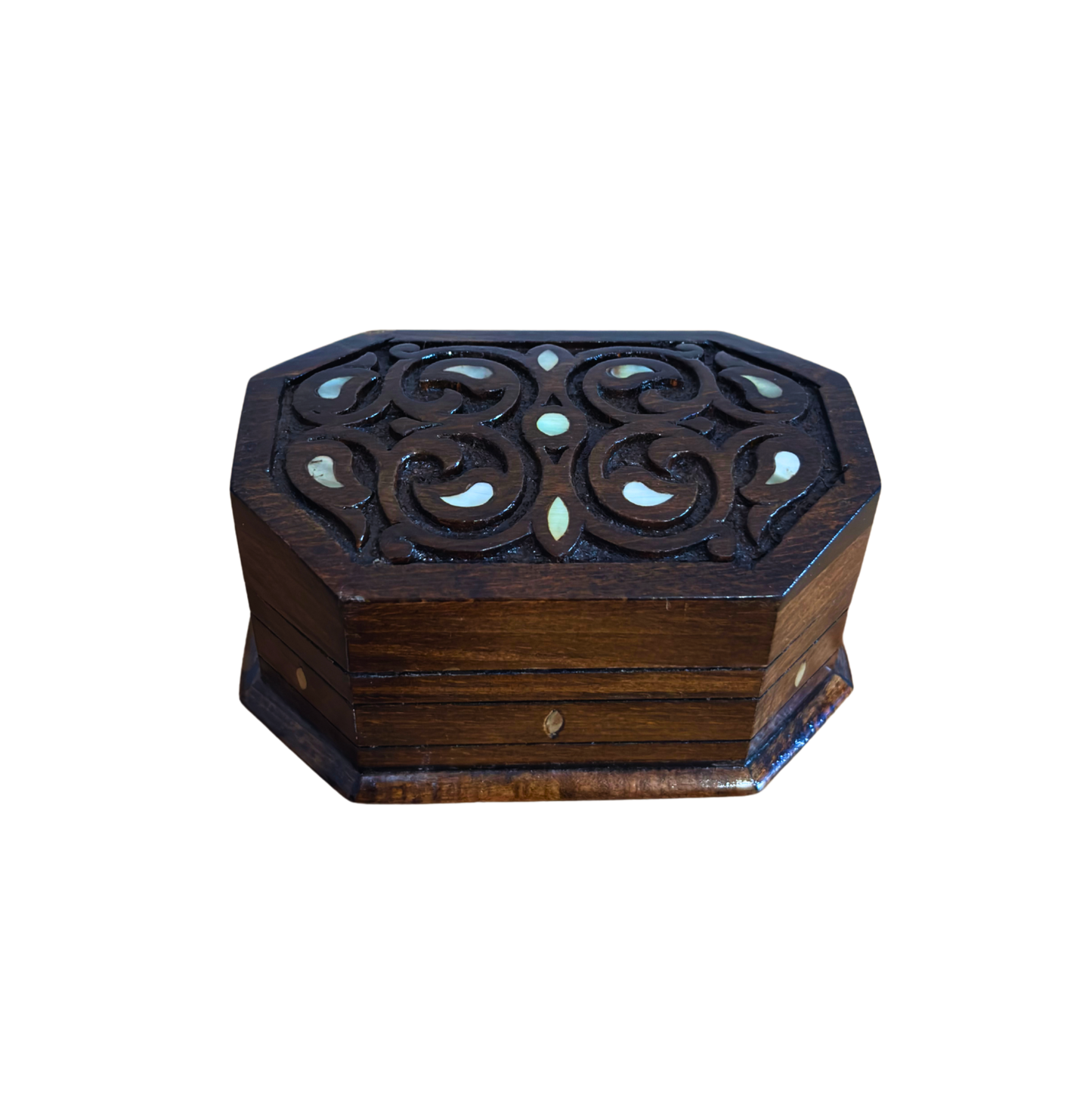 Hand-Carved Beechwood Box with Mother of Pearl Inlay – Walnut Finish Elegance