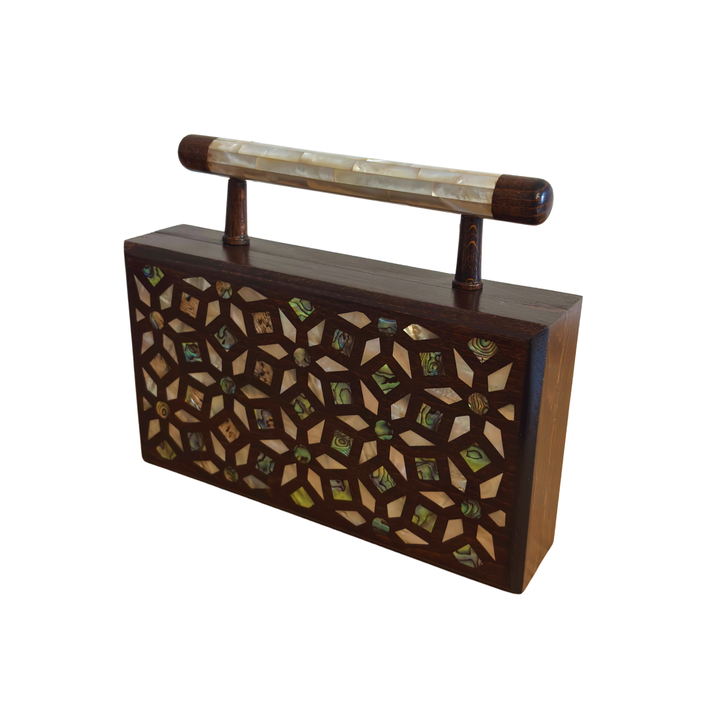 Zenobia – Clutch Damascena di Lusso in Noce con Intarsi in Madreperla e Interno in Broccato