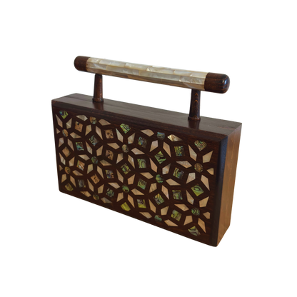 Zenobia – Clutch Damascena di Lusso in Noce con Intarsi in Madreperla e Interno in Broccato