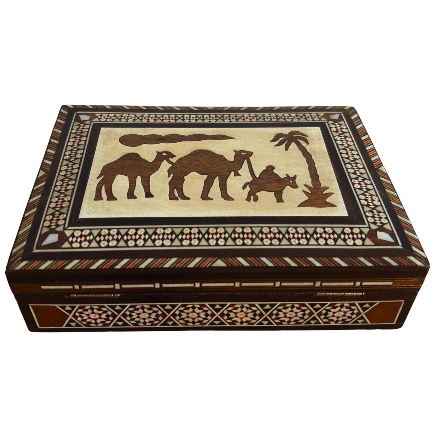 Vintage 1970 Camel Mosaic Jewelry Box – Handcrafted Damascene Art with Mother of Pearl