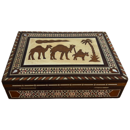 Vintage 1970 Camel Mosaic Jewelry Box – Handcrafted Damascene Art with Mother of Pearl
