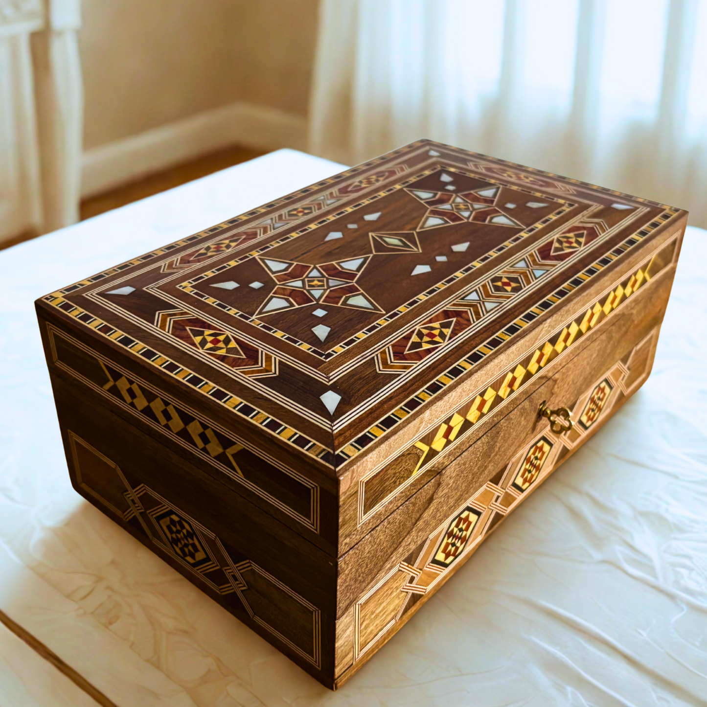 Damascene Mosaic Jewelry Box with Lock – Handcrafted Masterpiece