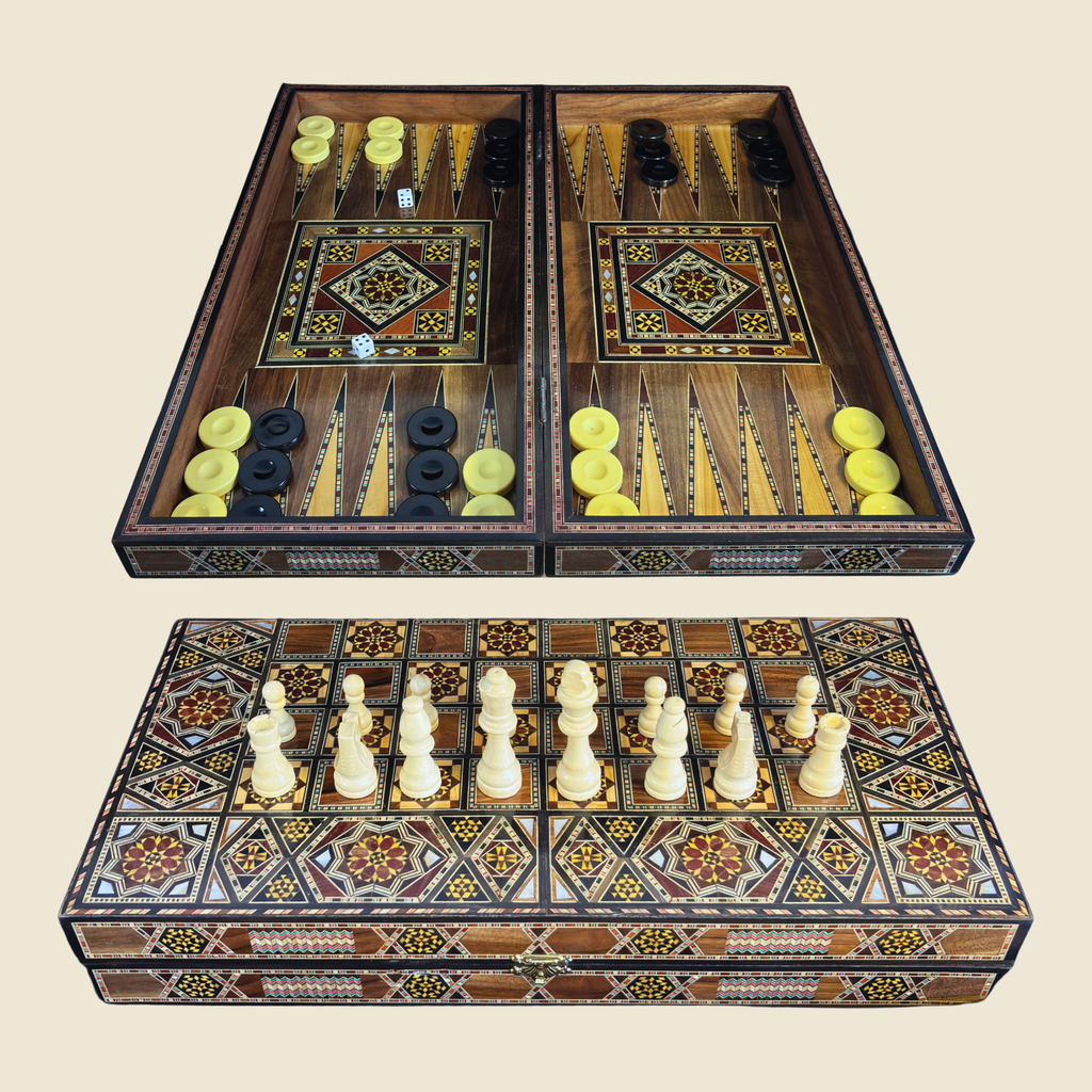 Grandmaster's Chess & Backgammon Set, closed, with a mother-of-pearl mosaic lid