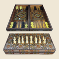 Grandmaster's Chess & Backgammon Set, closed, with a mother-of-pearl mosaic lid