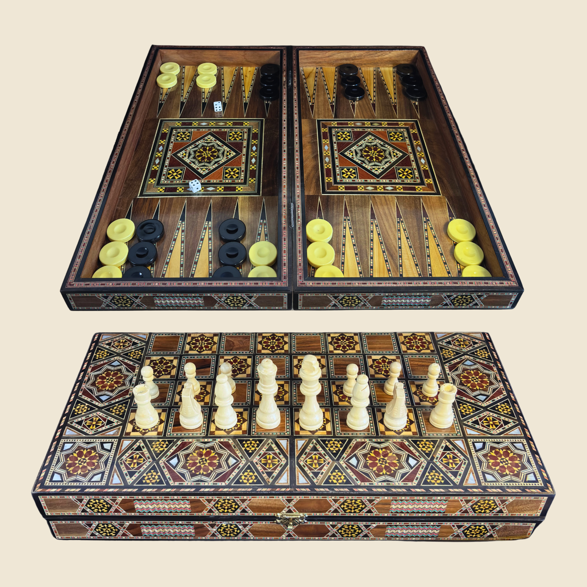 Grandmaster's Chess & Backgammon Set, closed, with a mother-of-pearl mosaic lid