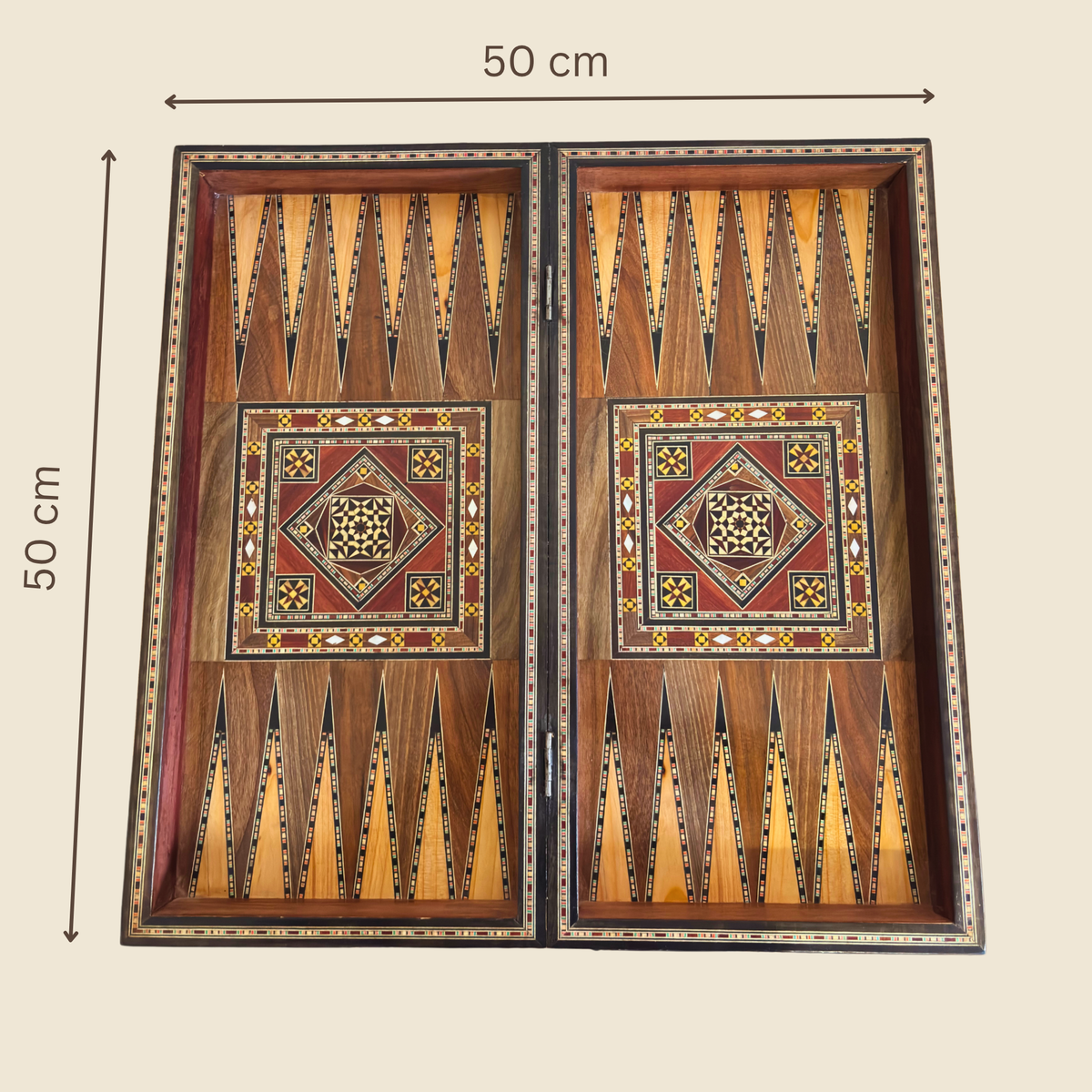 Grandmaster's Chess & Backgammon Set open, dimensions 50 by 50 cm
