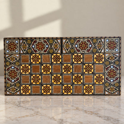 Grandmaster's Chess & Backgammon Set, closed, on marble