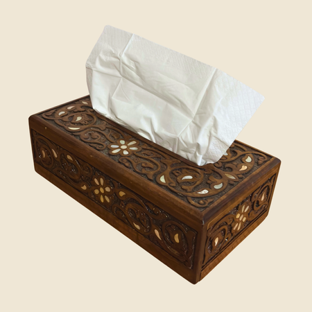 Damascene Beechwood Tissue Box – Walnut Finish & Mother of Pearl