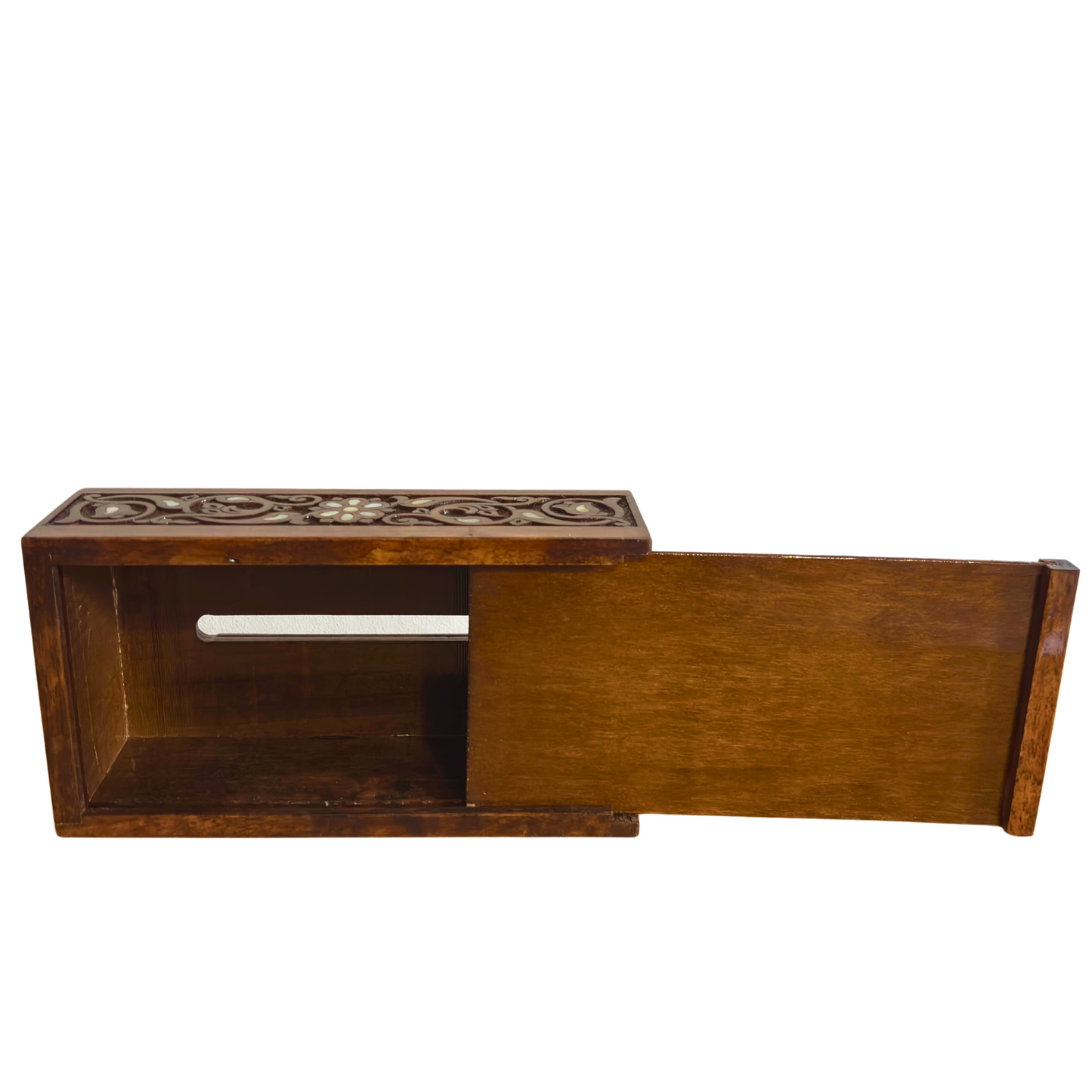 Caja de Pañuelos Tallada a Mano en Haya – Acabado Nogal con Nácar