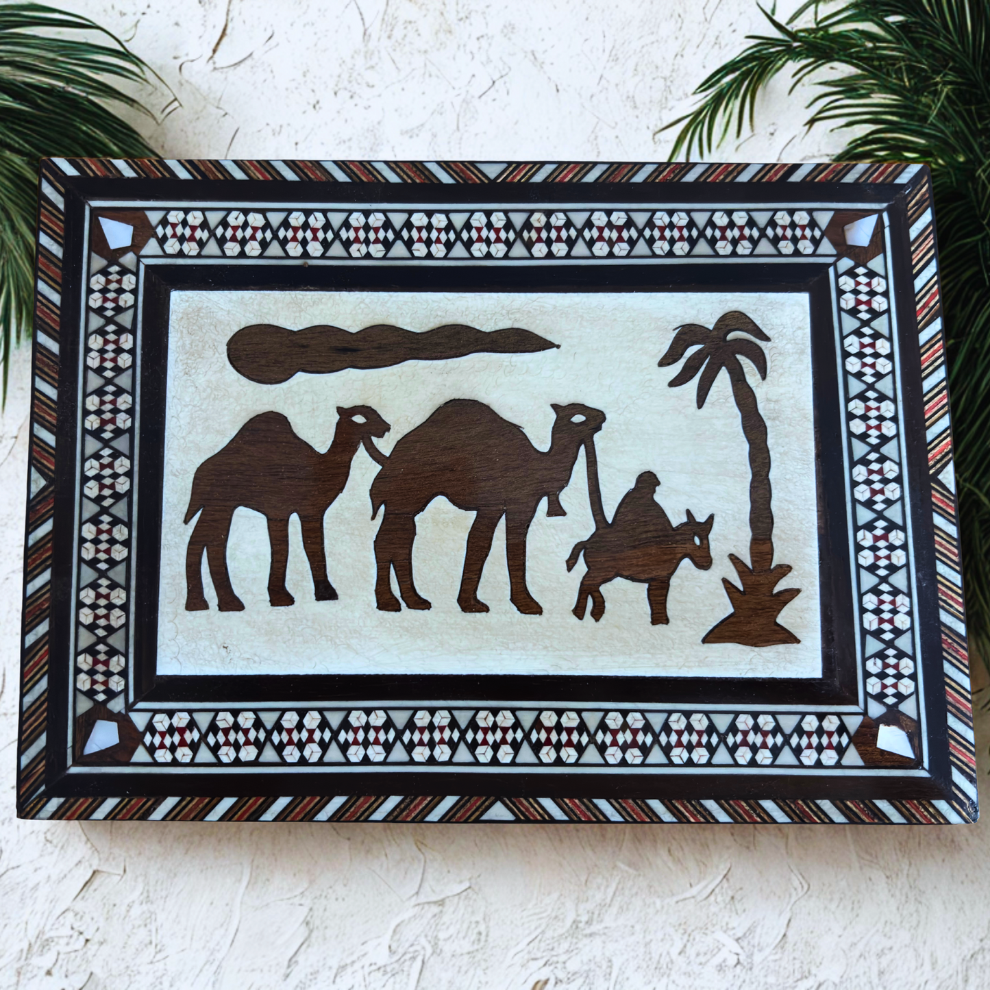 Vintage 1970 Camel Mosaic Jewelry Box – Handcrafted Damascene Art with Mother of Pearl