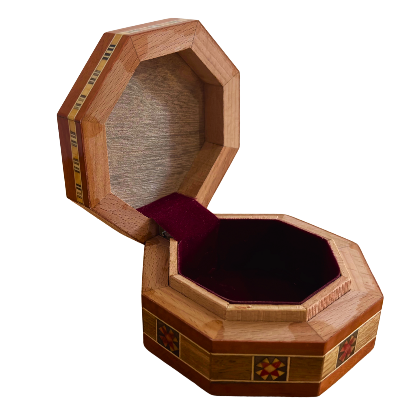 Damascene Mosaic Jewelry Box – Handcrafted Wood & Mother of Pearl Inlay in Warm Rustic Terracotta