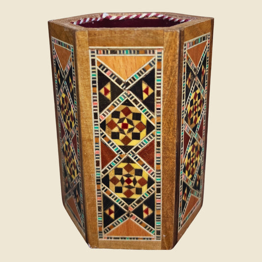 Writer's Pen Holder, front view, with a warm brown mosaic exterior