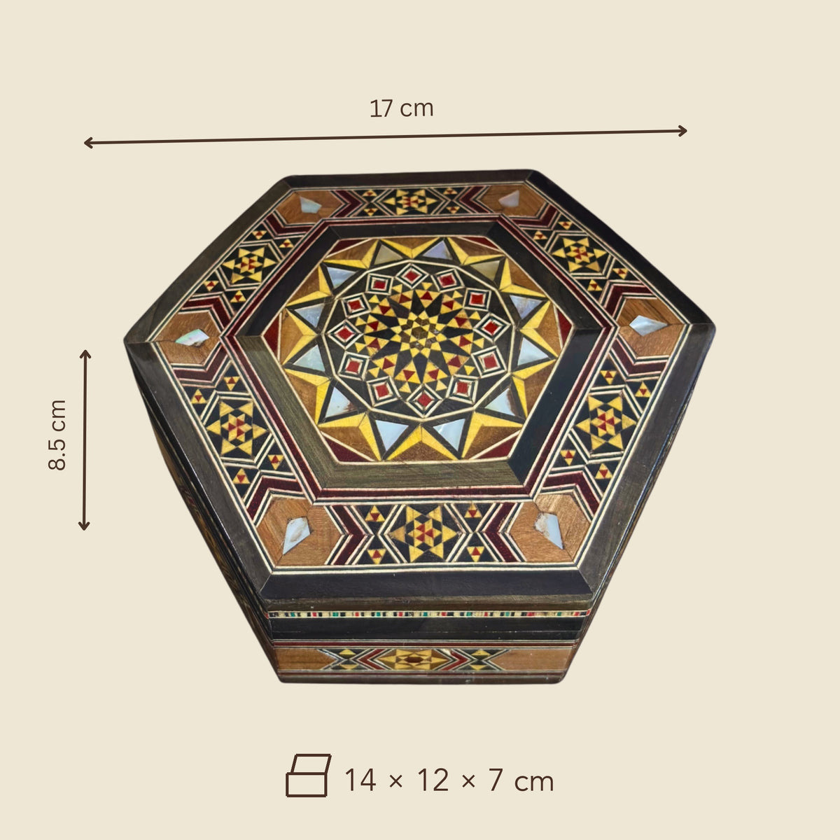 Dimensions of the Pearl Mosaic Box: 17 x 15 x 8.5 cm outside, 14 x 12 x 7 cm inside
