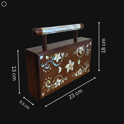 The Garden of Noor – Luxury Damascene Clutch with Floral Mother of Pearl & Brocade Interior