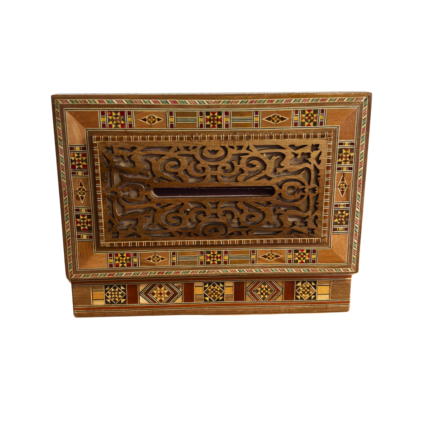 Damascene Carved Wooden Tissue Box – Natural Woods & Wine-Red Velvet Interior