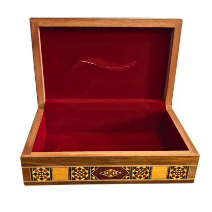 Elegante Caixa de Lenços Damasquina em Madeira – Madrepérola & Interior em Veludo