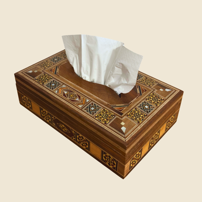 Elegante Damast Mozaïek Houten Tissue Box – Parelmoer Inleg & Fluwelen Binnenkant
