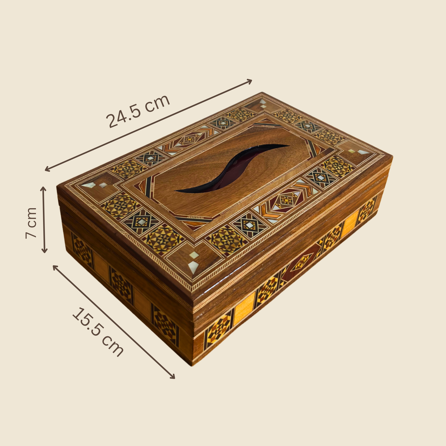 Elegante Damast Mozaïek Houten Tissue Box – Parelmoer Inleg & Fluwelen Binnenkant