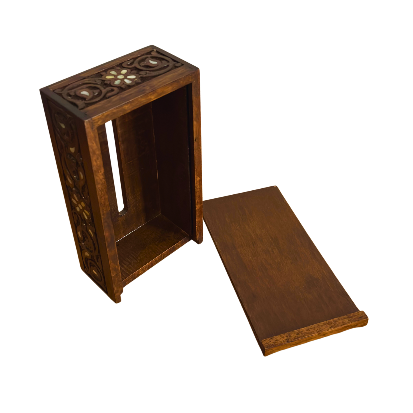 Caja de Pañuelos Tallada a Mano en Haya – Acabado Nogal con Nácar