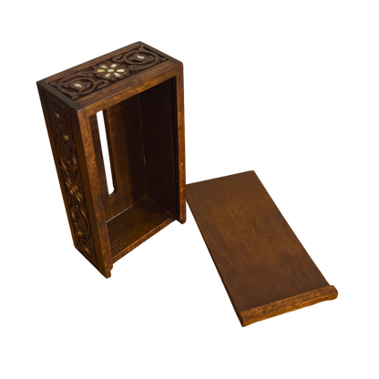 Caja de Pañuelos Tallada a Mano en Haya – Acabado Nogal con Nácar