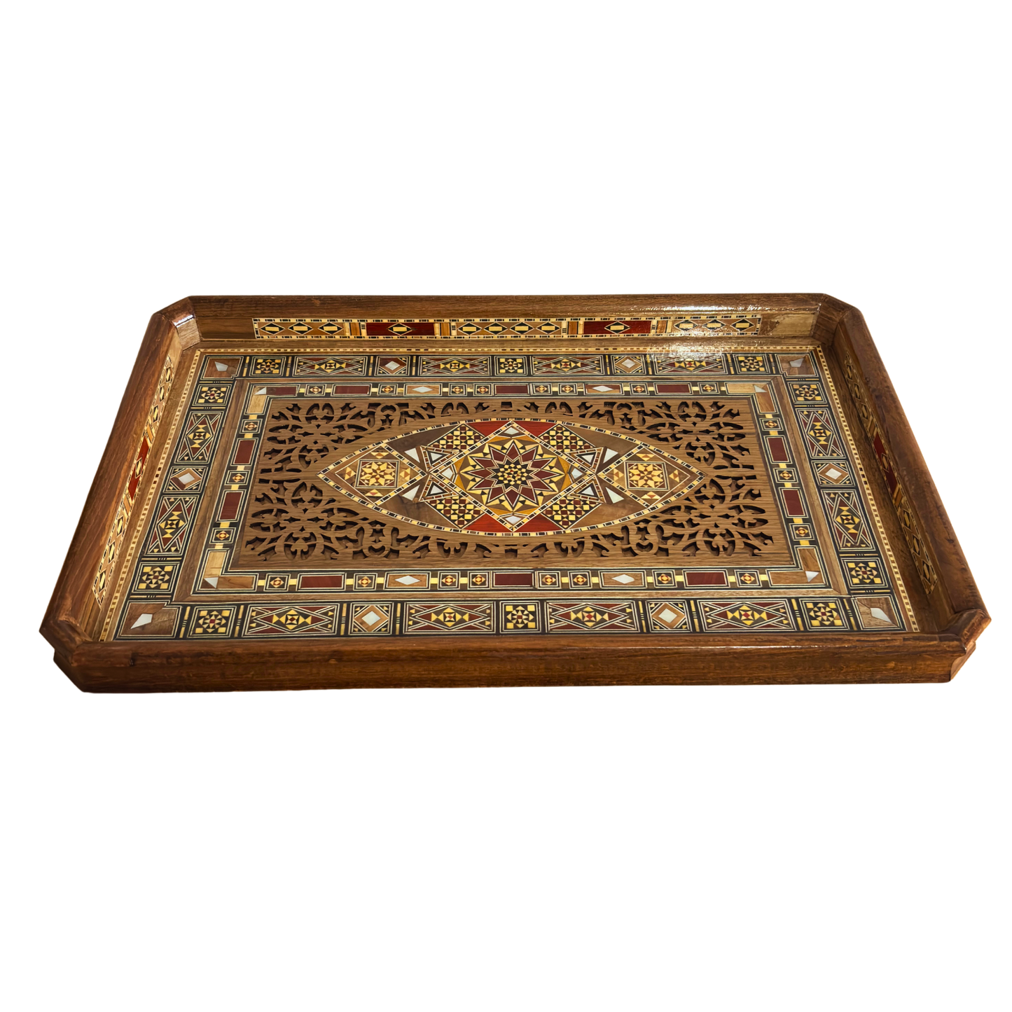 Damascene Mosaic Wooden Tray – Mother of Pearl Inlay & Natural Wood Elegance