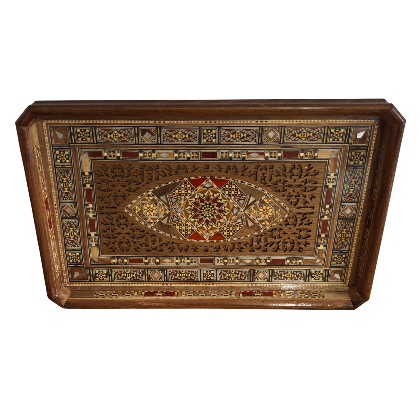 Damascene Mosaic Wooden Tray – Mother of Pearl Inlay & Natural Wood Elegance