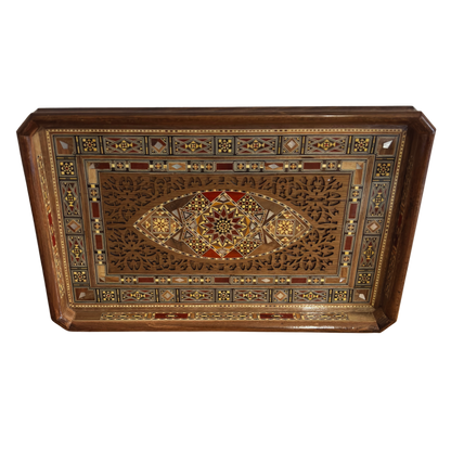 Damascene Mosaic Wooden Tray – Mother of Pearl Inlay & Natural Wood Elegance