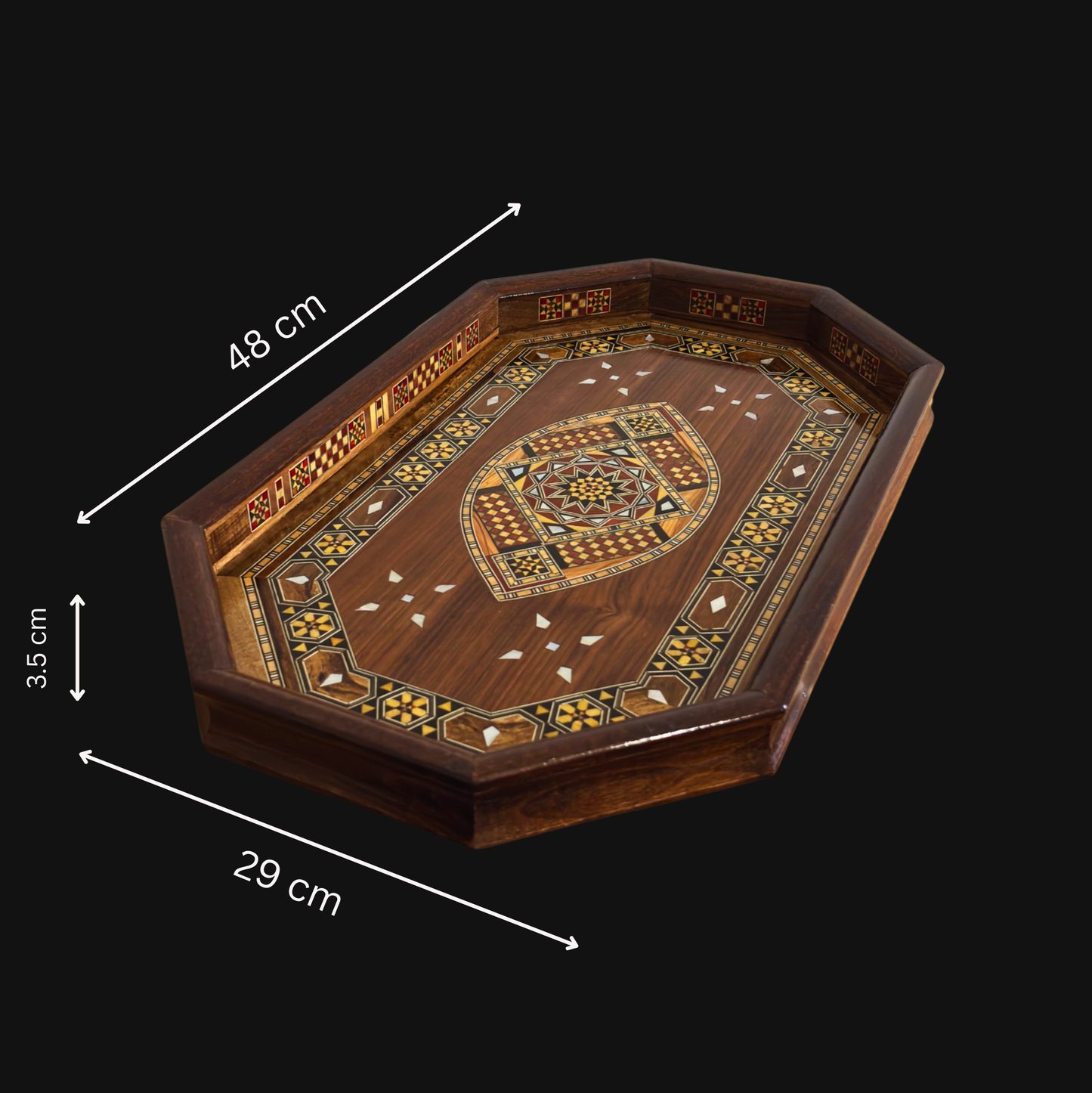 Bandeja Damasquina em Madeira – Madrepérola & Acabamento em Nogueira