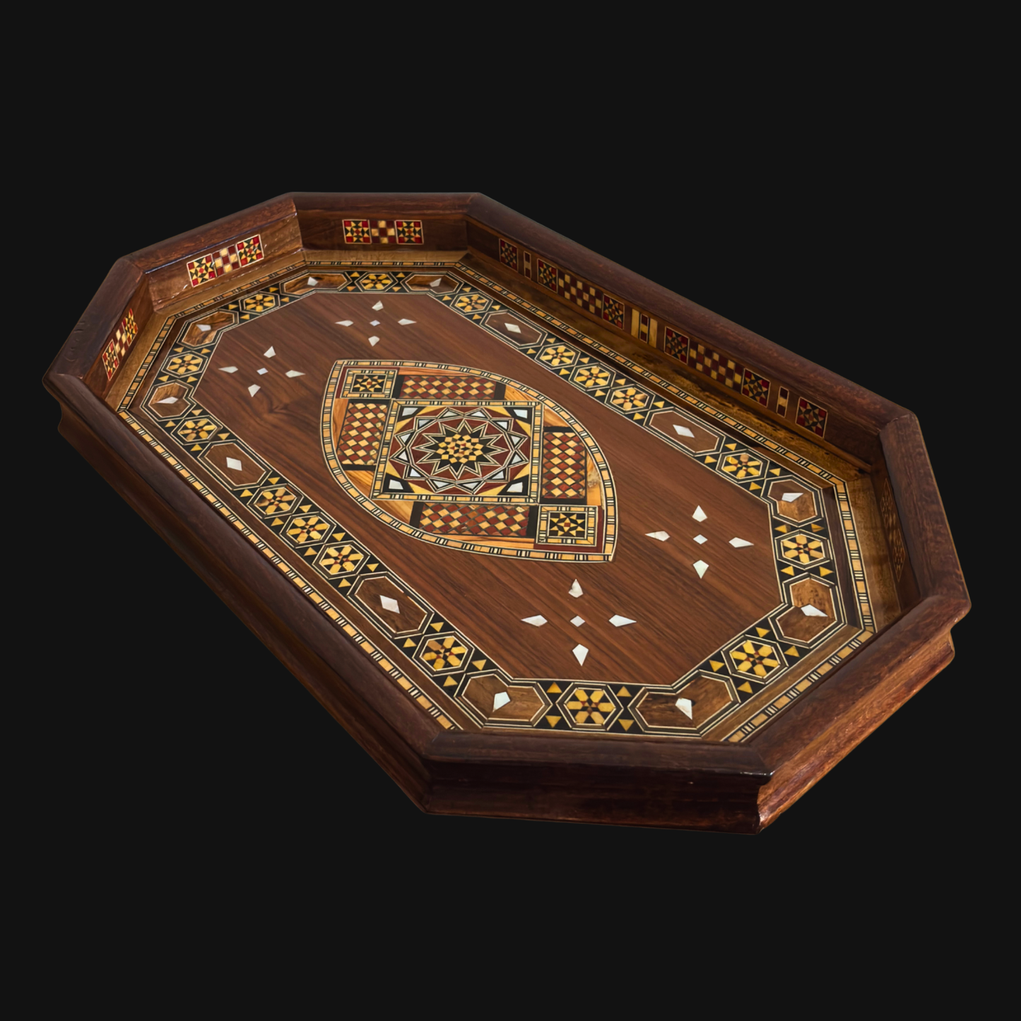 Bandeja Damasquina em Madeira – Madrepérola & Acabamento em Nogueira