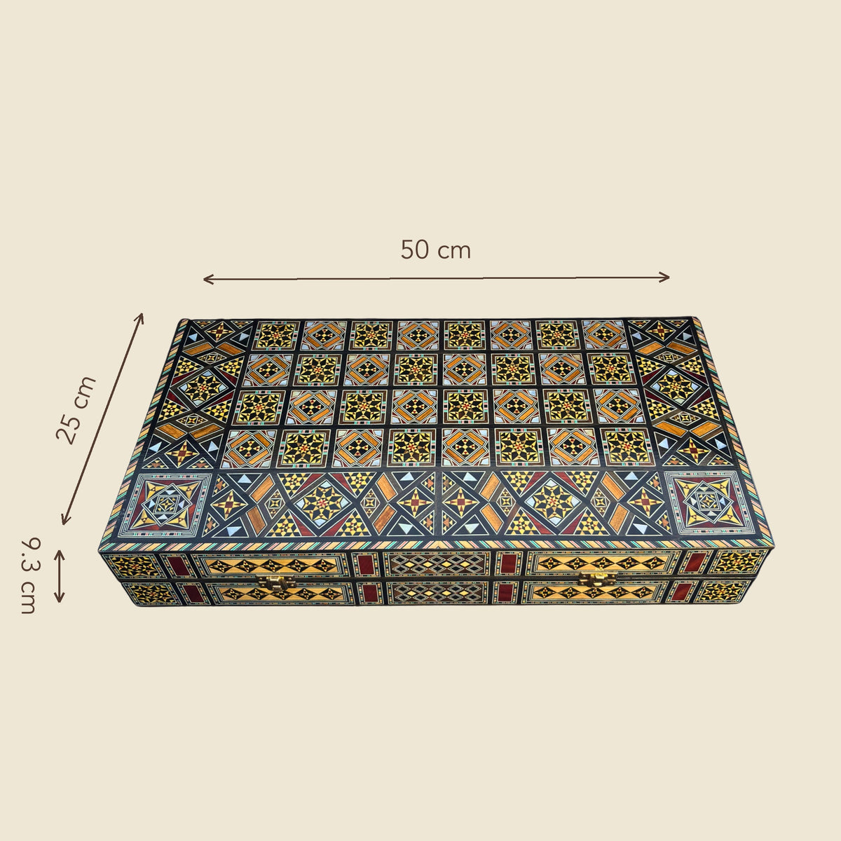 Royal Chess & Backgammon Set closed, dimensions 50 by 25 by 9.3 cm