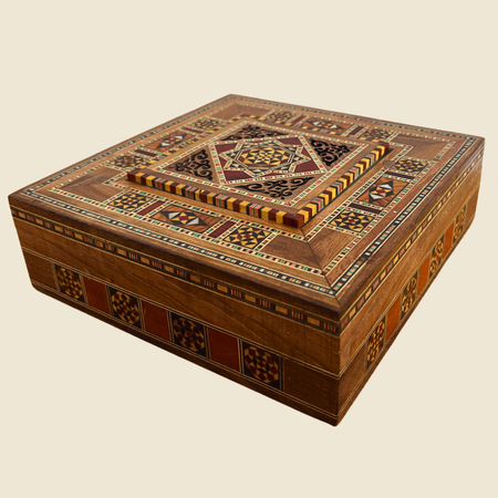 Handcrafted Wooden Mosaic Box – Damascene Inlay for Jewelry