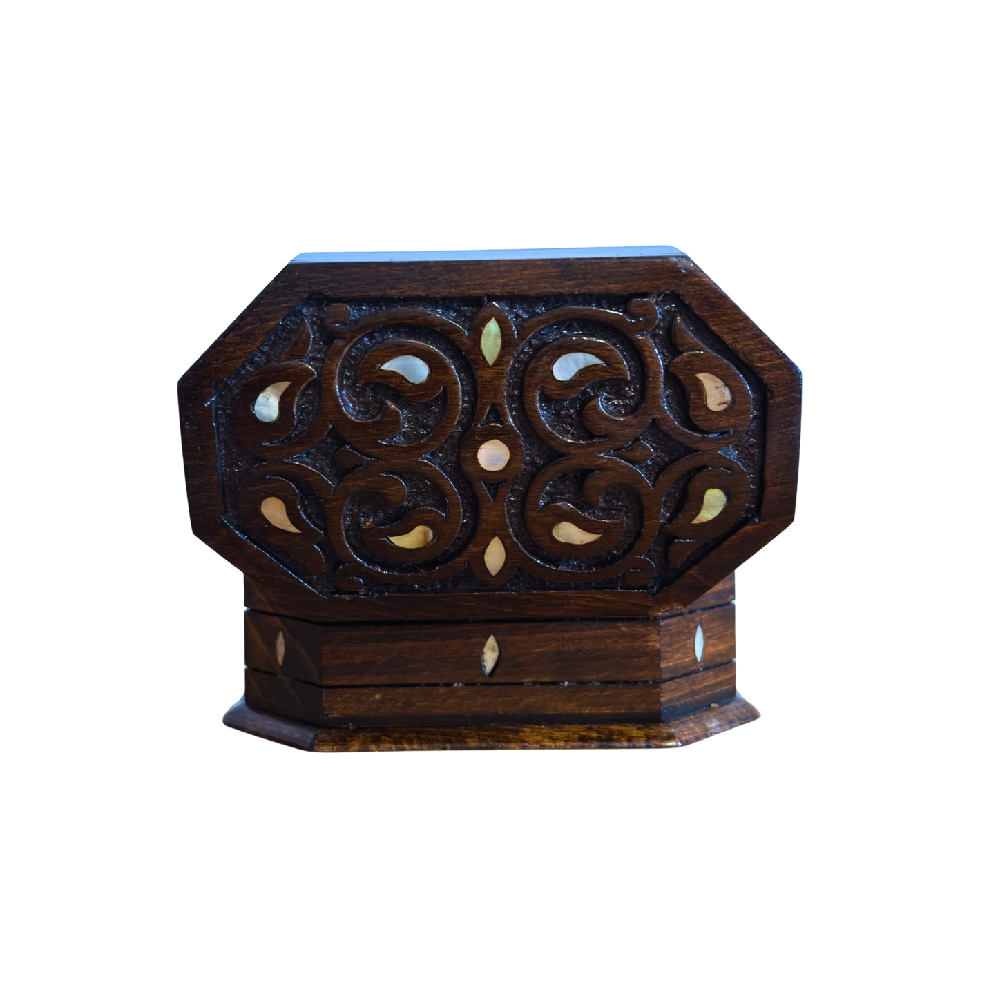 Hand-Carved Beechwood Box with Mother of Pearl Inlay – Walnut Finish Elegance