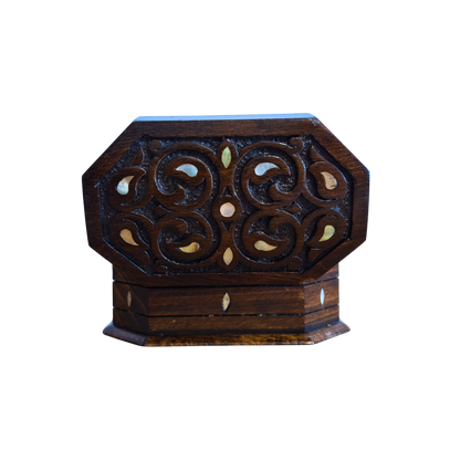 Hand-Carved Beechwood Box with Mother of Pearl Inlay – Walnut Finish Elegance