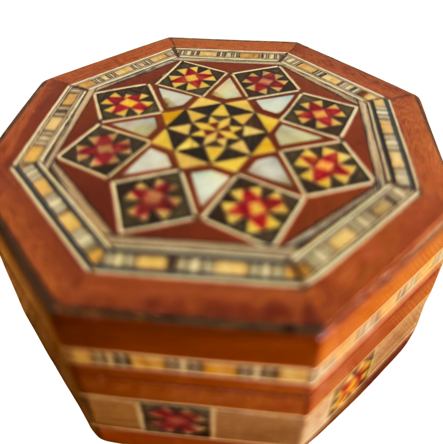 Damascene Mosaic Jewelry Box – Handcrafted Wood & Mother of Pearl Inlay in Warm Rustic Terracotta