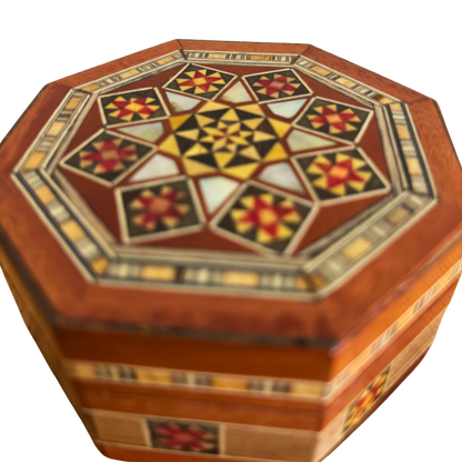 Damascene Mosaic Jewelry Box – Handcrafted Wood & Mother of Pearl Inlay in Warm Rustic Terracotta