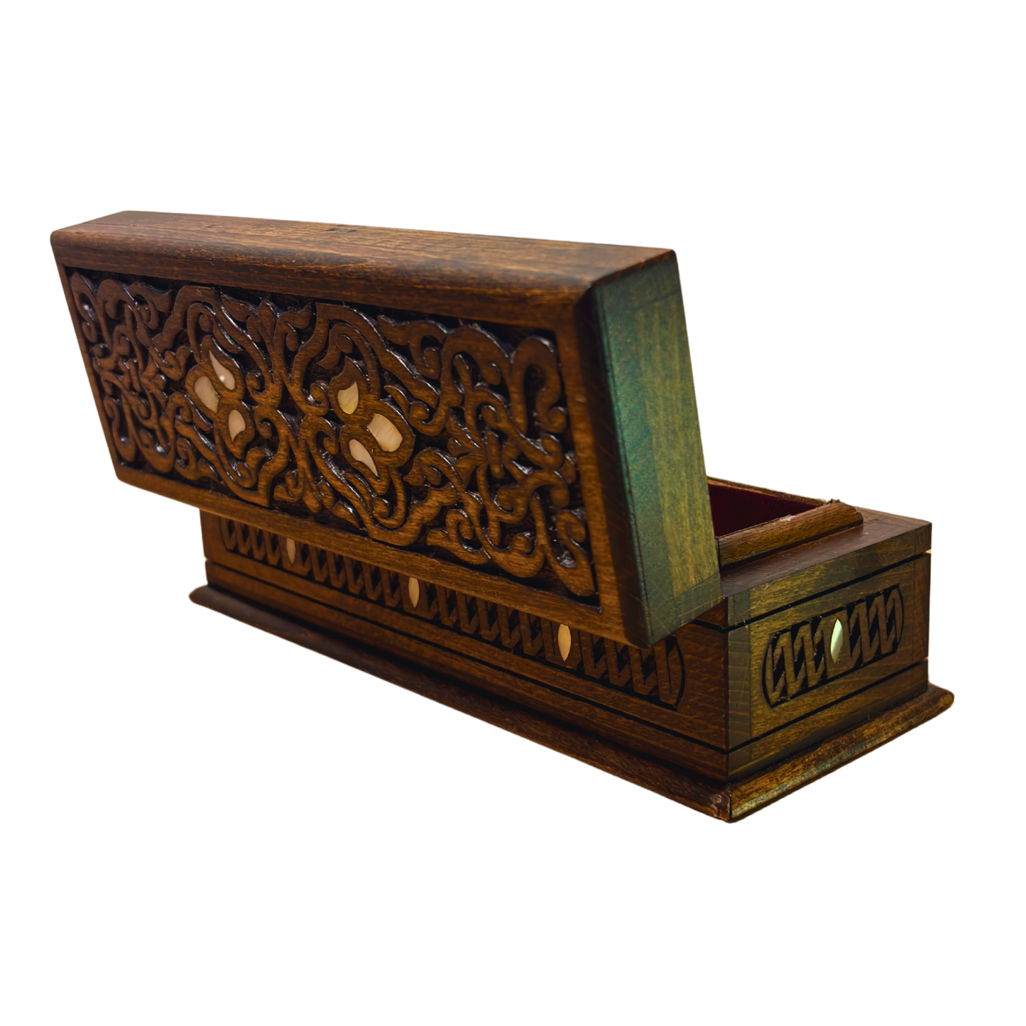 Handgesneden Luxe Doos uit Damascus – Parelmoer & Fluweel