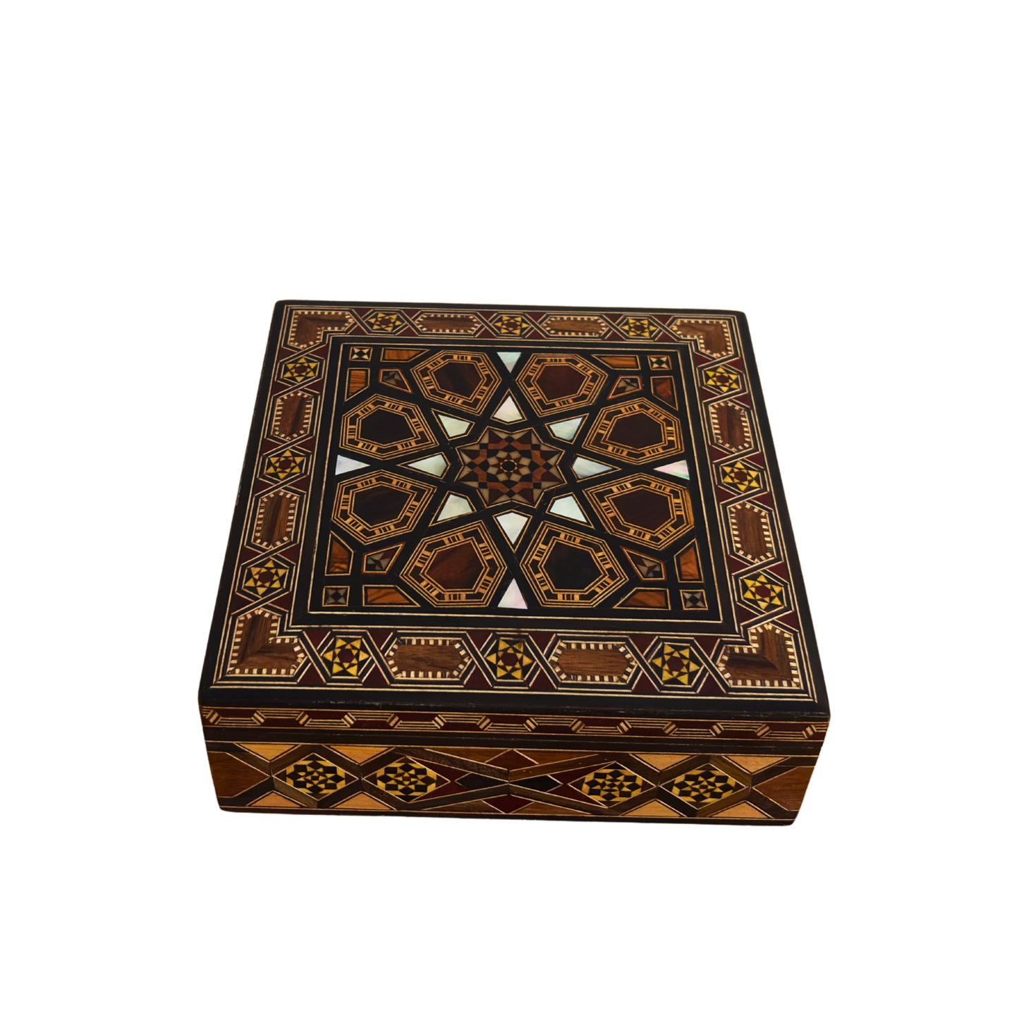 Handcrafted Damascene Mosaic Box by Master Gaby Al Dayeh – Mother of Pearl & Velvet Elegance
