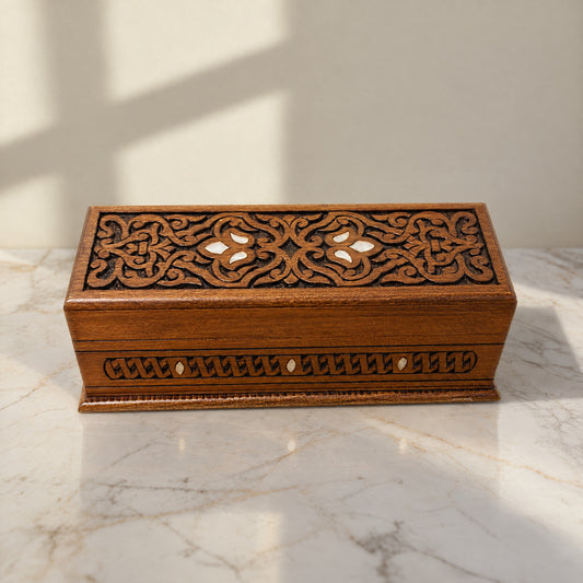 Regal Damascene Box on a white marble table in warm window light