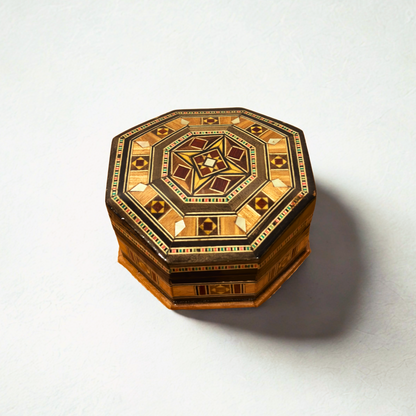 Handgefertigte Mosaik-Schatulle aus Damaskus – Holzkunst & Samt