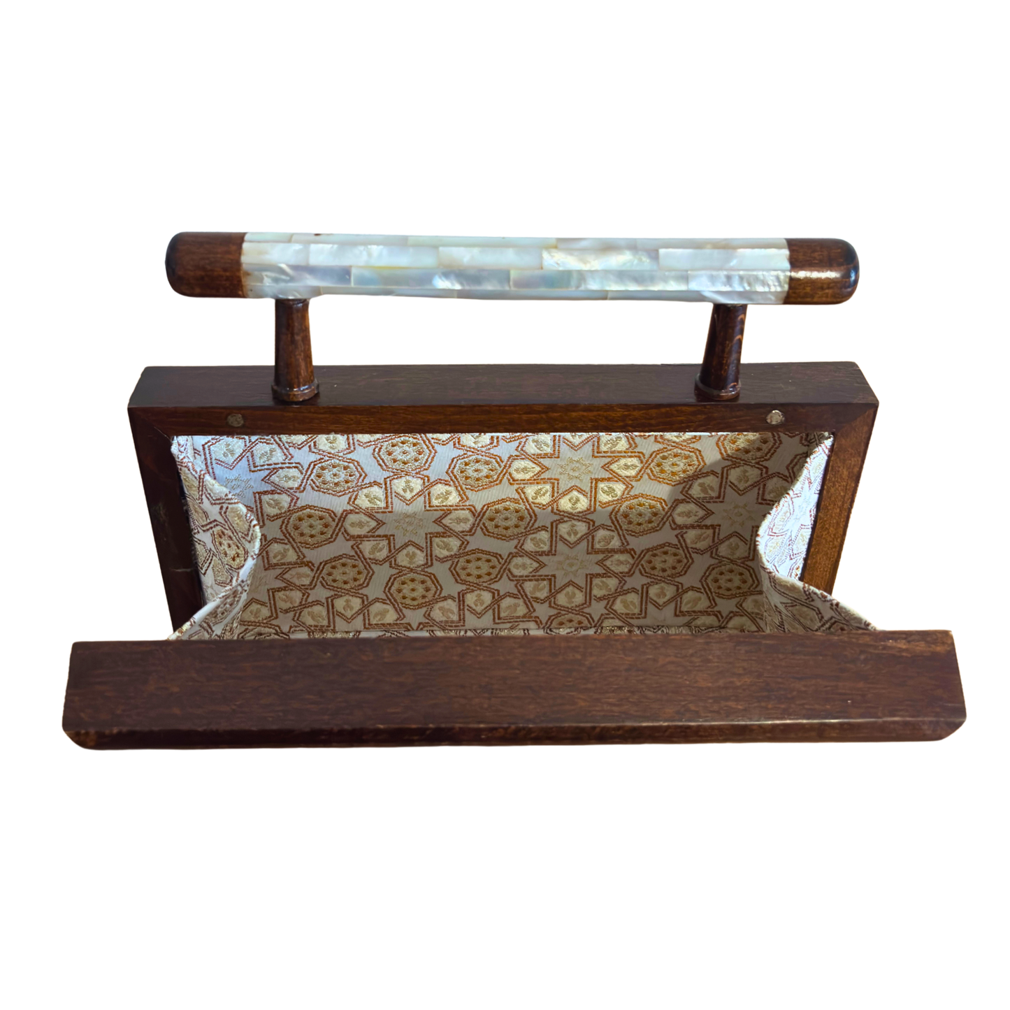 Zenobia – Clutch Damascena di Lusso in Noce con Intarsi in Madreperla e Interno in Broccato