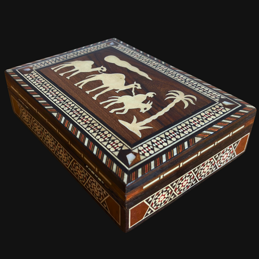 Vintage 1970s Damascene Camel Mosaic Box – Handcrafted Syrian Art