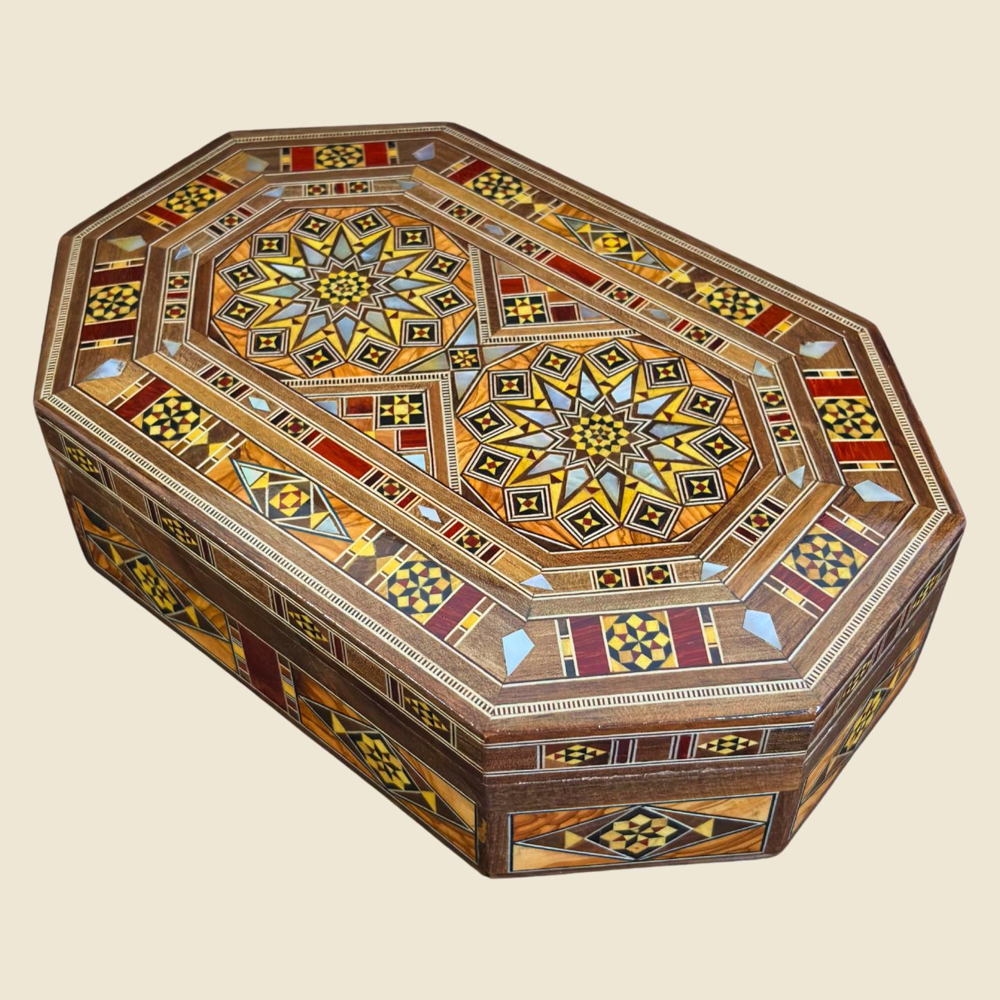 Handgefertigte Mosaik-Schatulle aus Damaskus – Perlmutt & Samt