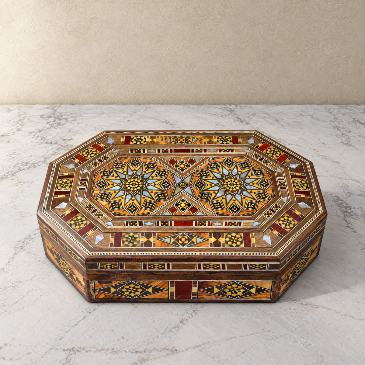 Artisan Mosaic Box, closed, on marble