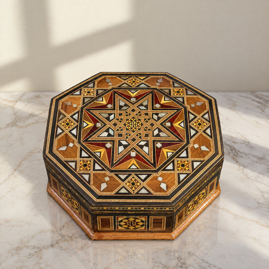 Craftsman Mosaic Box on a white marble table in warm window light