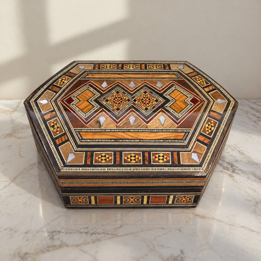 Harmony Mosaic Box on a white marble table in warm window light