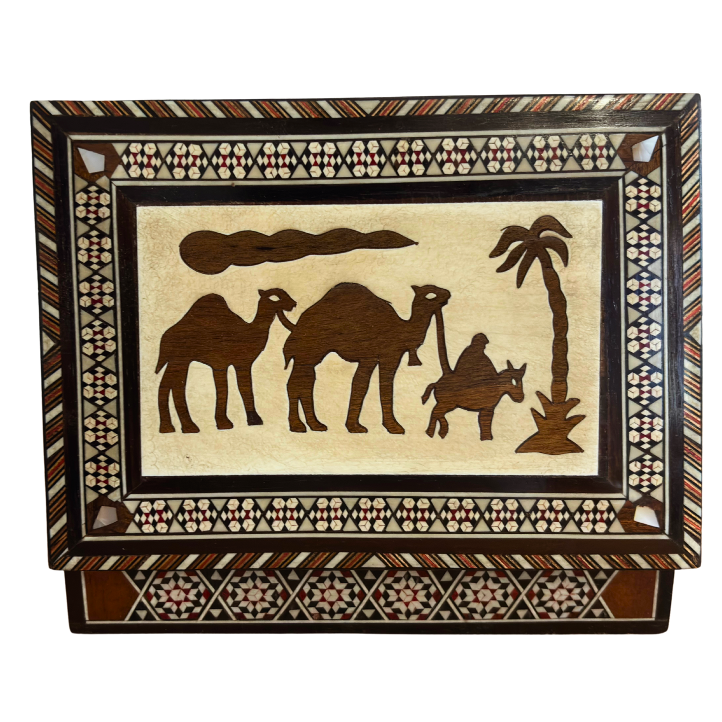 Vintage 1970 Camel Mosaic Jewelry Box – Handcrafted Damascene Art with Mother of Pearl