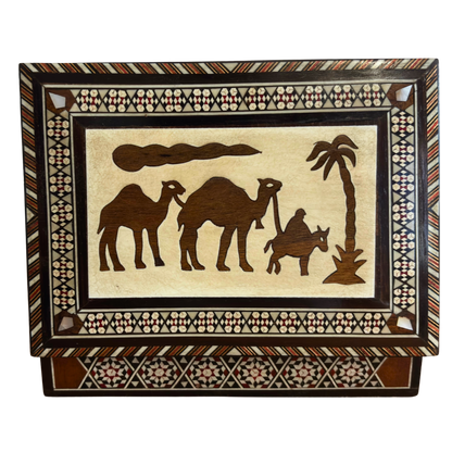 Vintage 1970 Camel Mosaic Jewelry Box – Handcrafted Damascene Art with Mother of Pearl