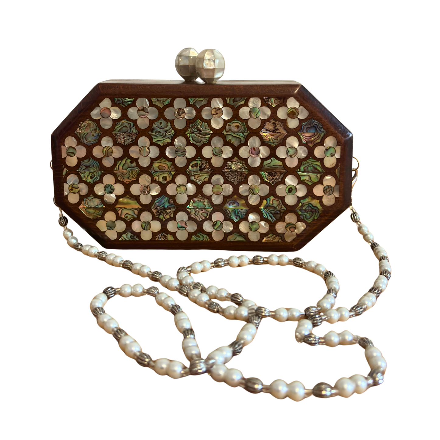Jouri – Clutch Damascena di Lusso con Madreperla Floreale & Catena di Perle