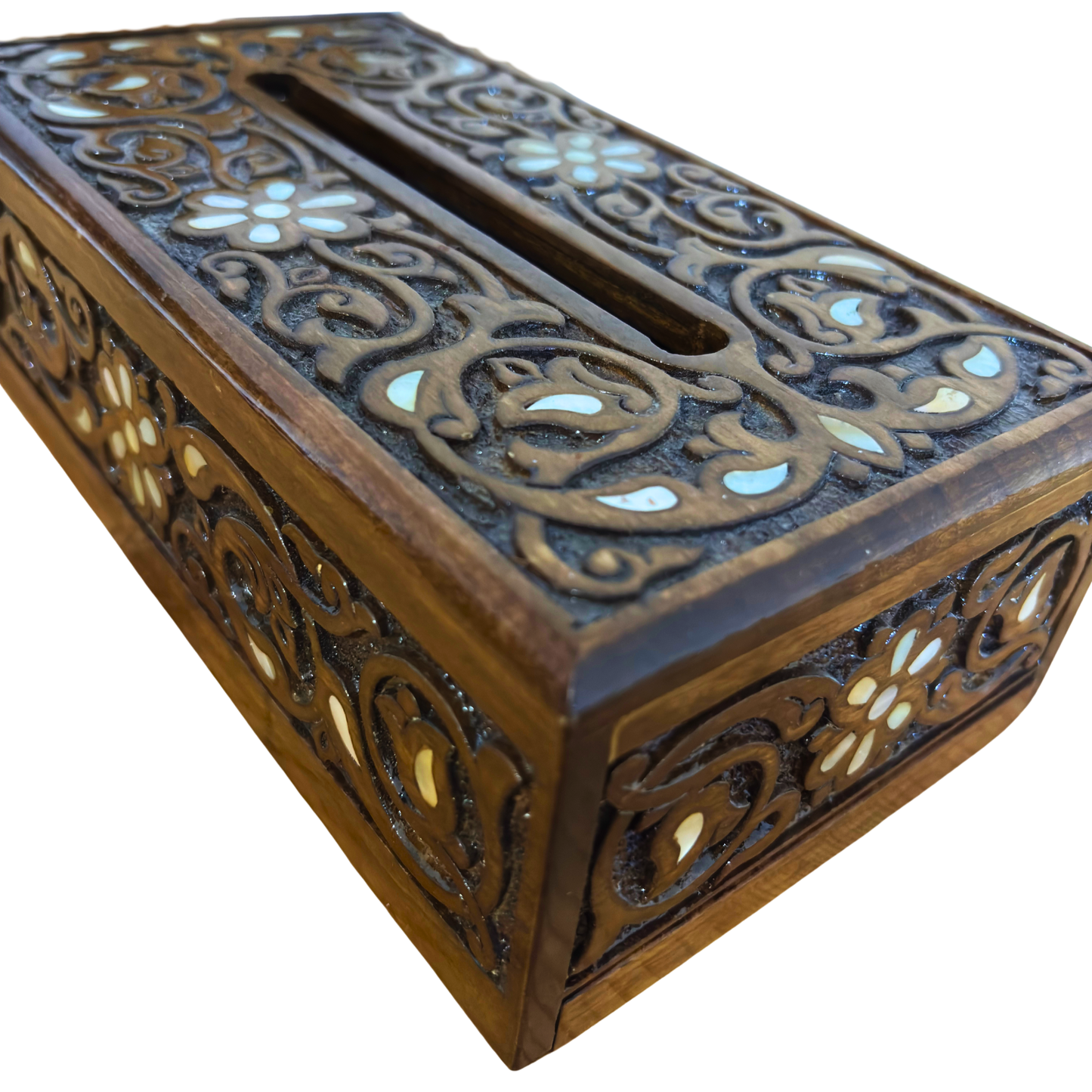 Caja de Pañuelos Tallada a Mano en Haya – Acabado Nogal con Nácar