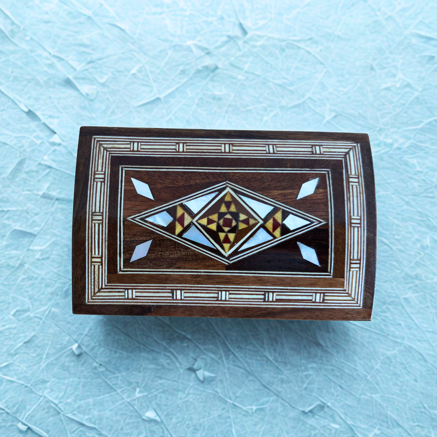 Handcrafted Damascene Jewelry Box – Luxury Wood Design with Mother of Pearl Inlay